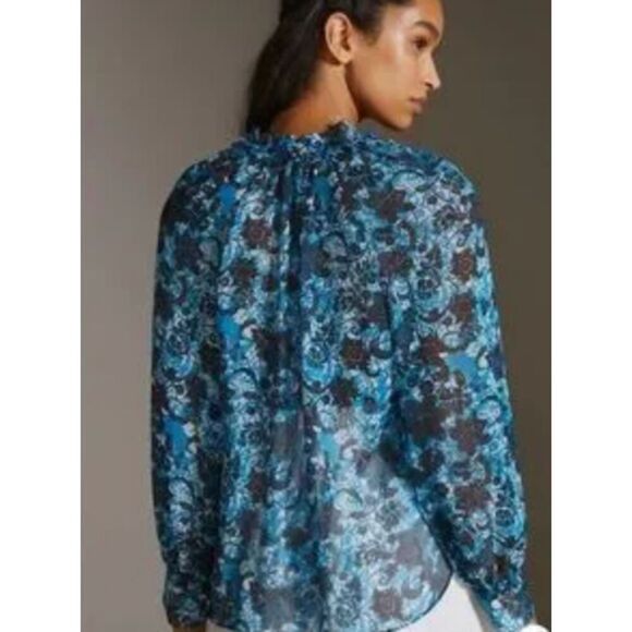 Anthropologie Blue Sheer Printed Peasant Blouse  Size XS - Picture 3 of 9